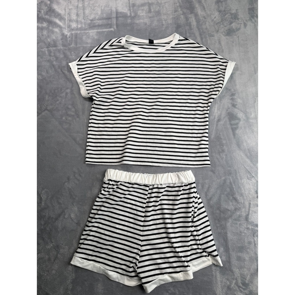 SHEIN 2 Piece T-Shirt & Shorts Womens M White Black Striped Waffle-Knit Texture
